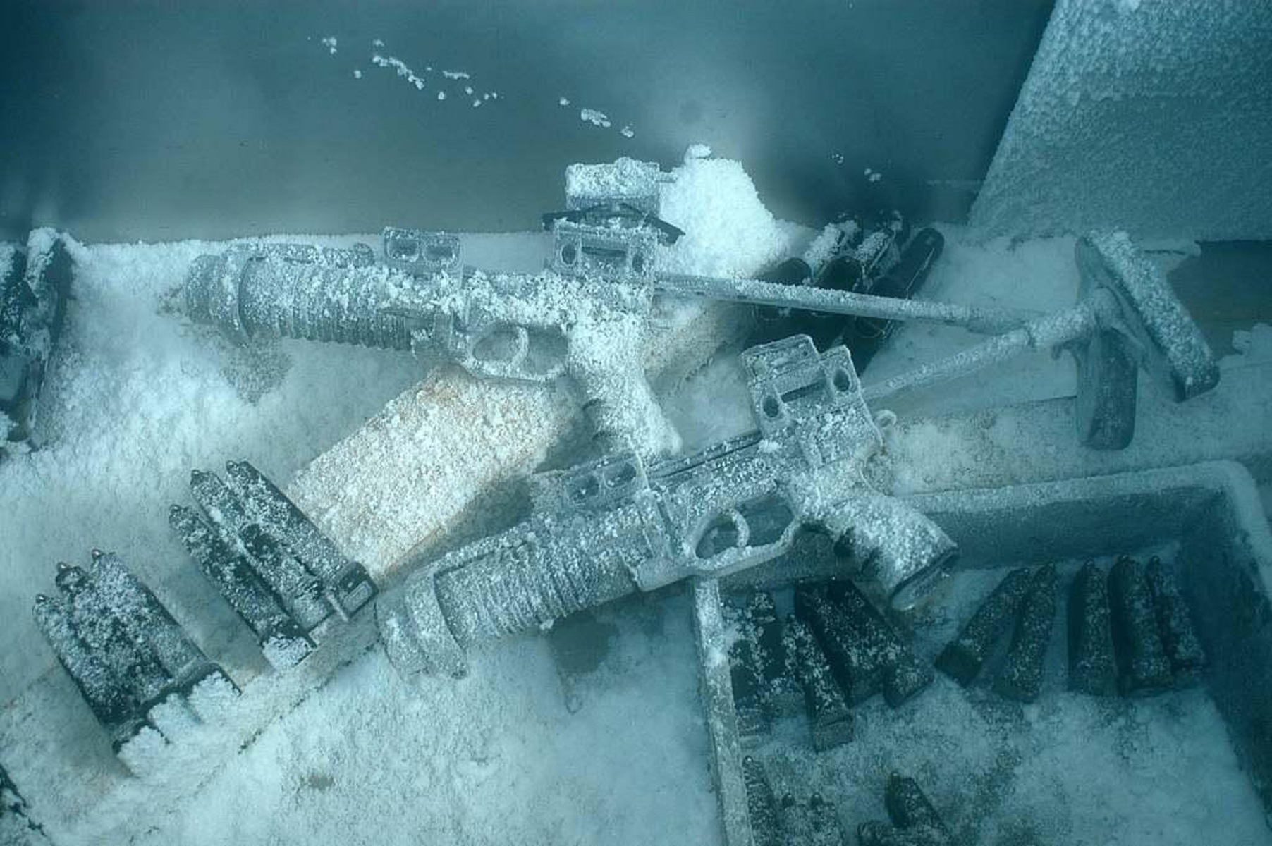 Military weapons frozen in sub-zero temperatures. 
