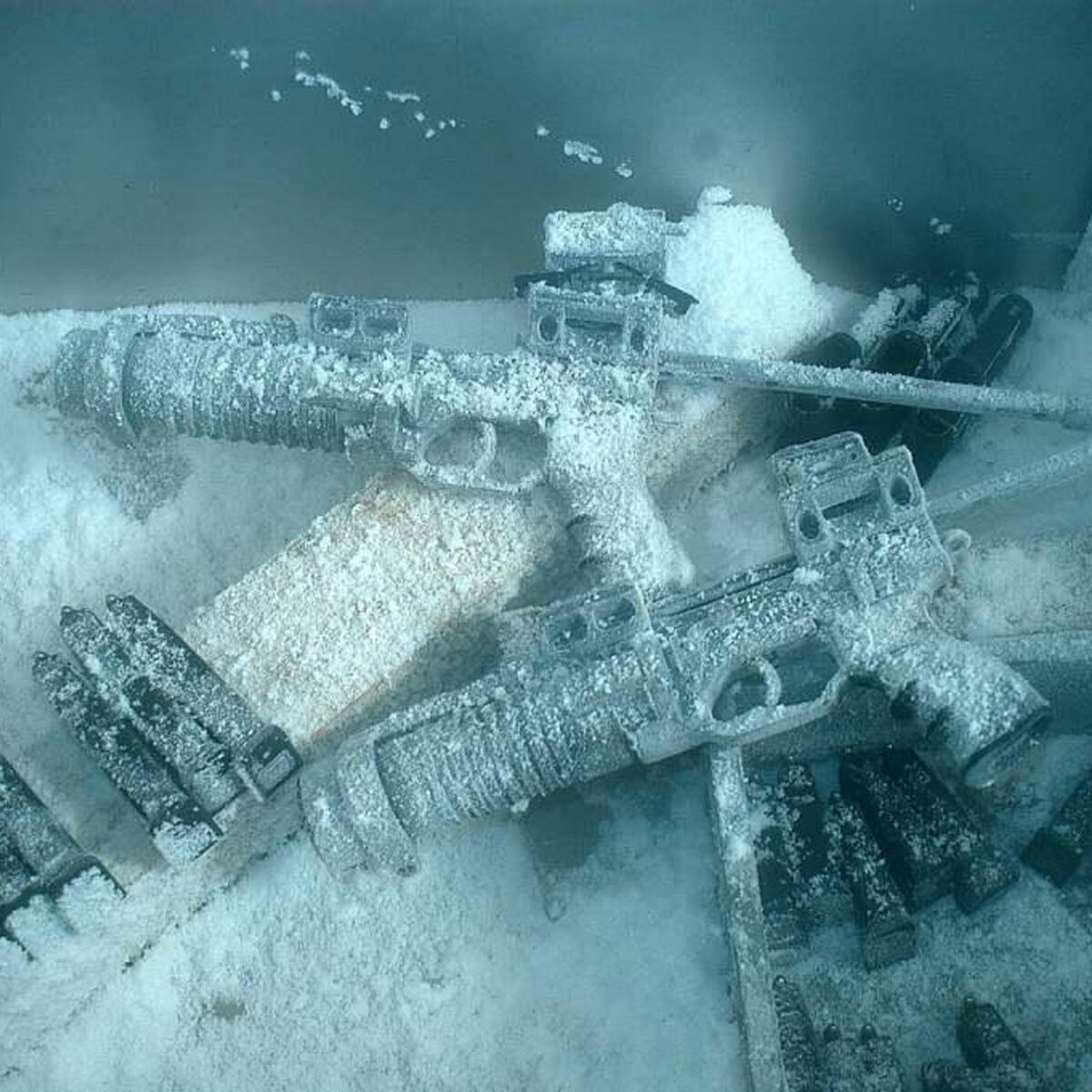 Military weapons frozen in sub-zero temperatures. 