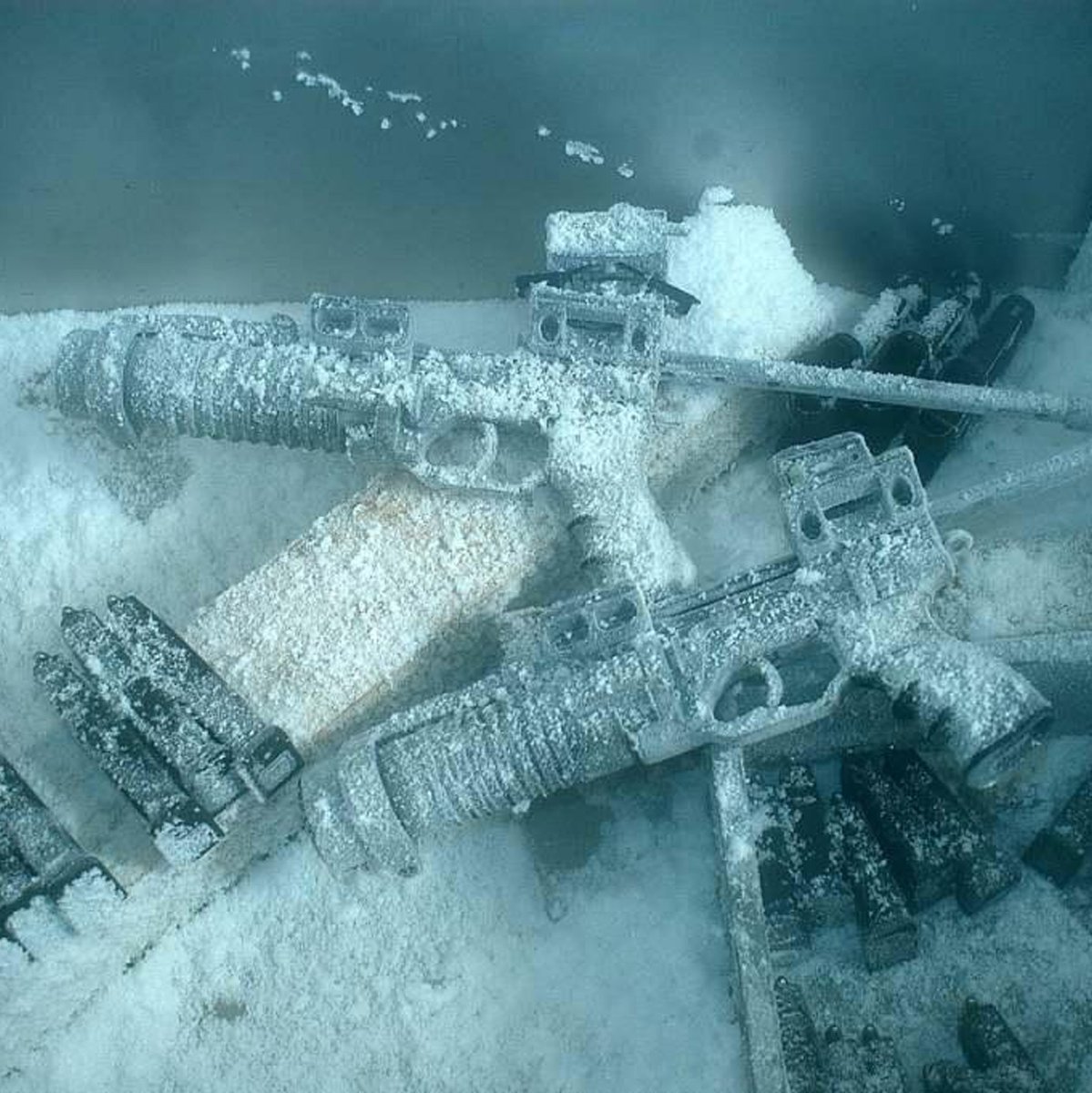 Military weapons frozen in sub-zero temperatures. 