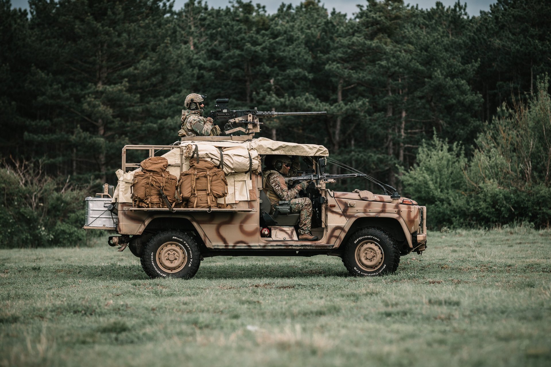 Ein "Sandviper"-Fahrzeug des Jagdkommandos steht auf einer Wiese.