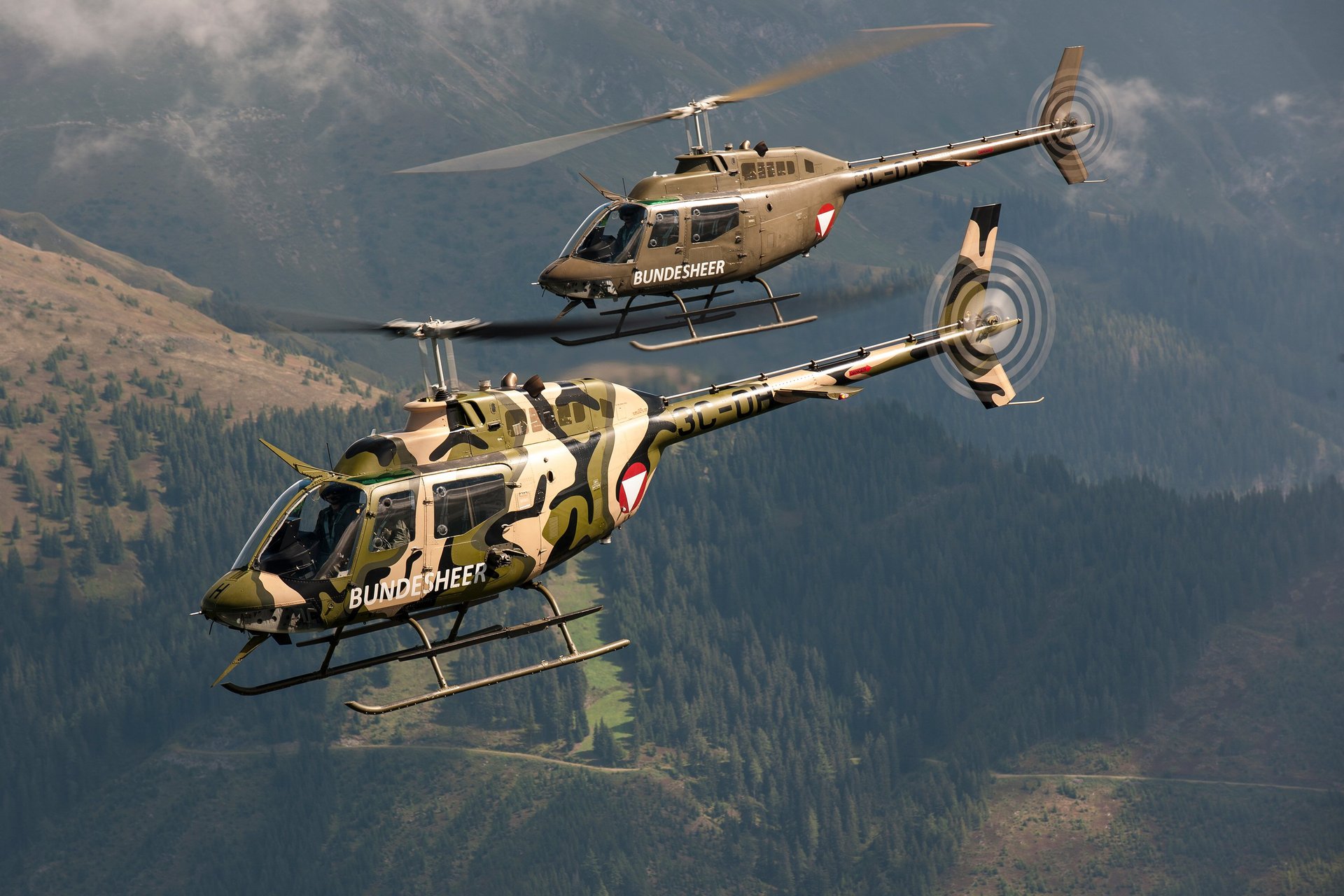 Zwei Bell OH-58 "Kiowa" im Flug, einer mit Speziallackierung.